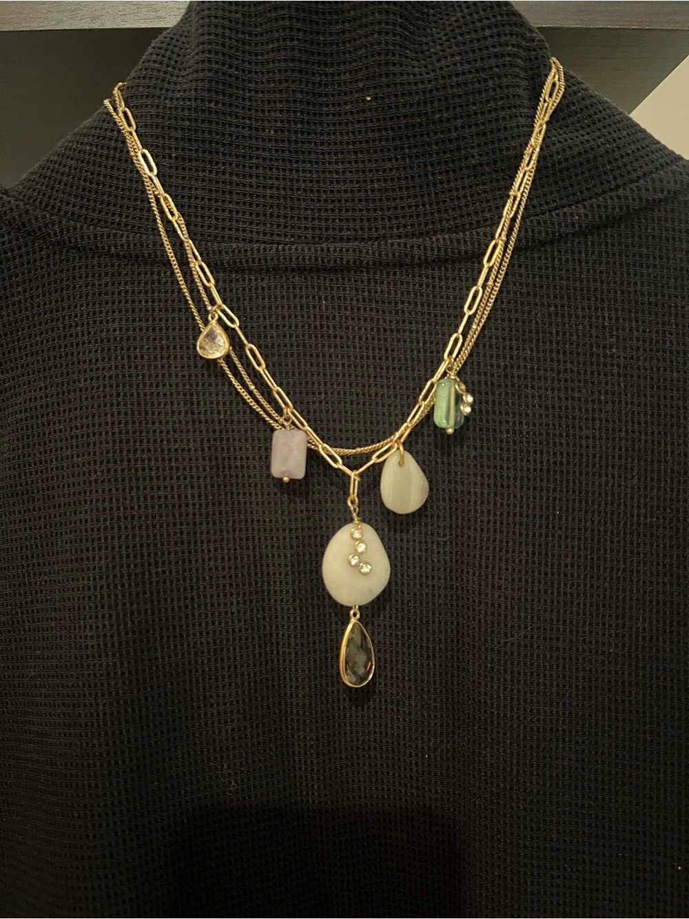 Anthropologie Gold Layered Necklace with Iridescent, Shell & Pale Blue Charms